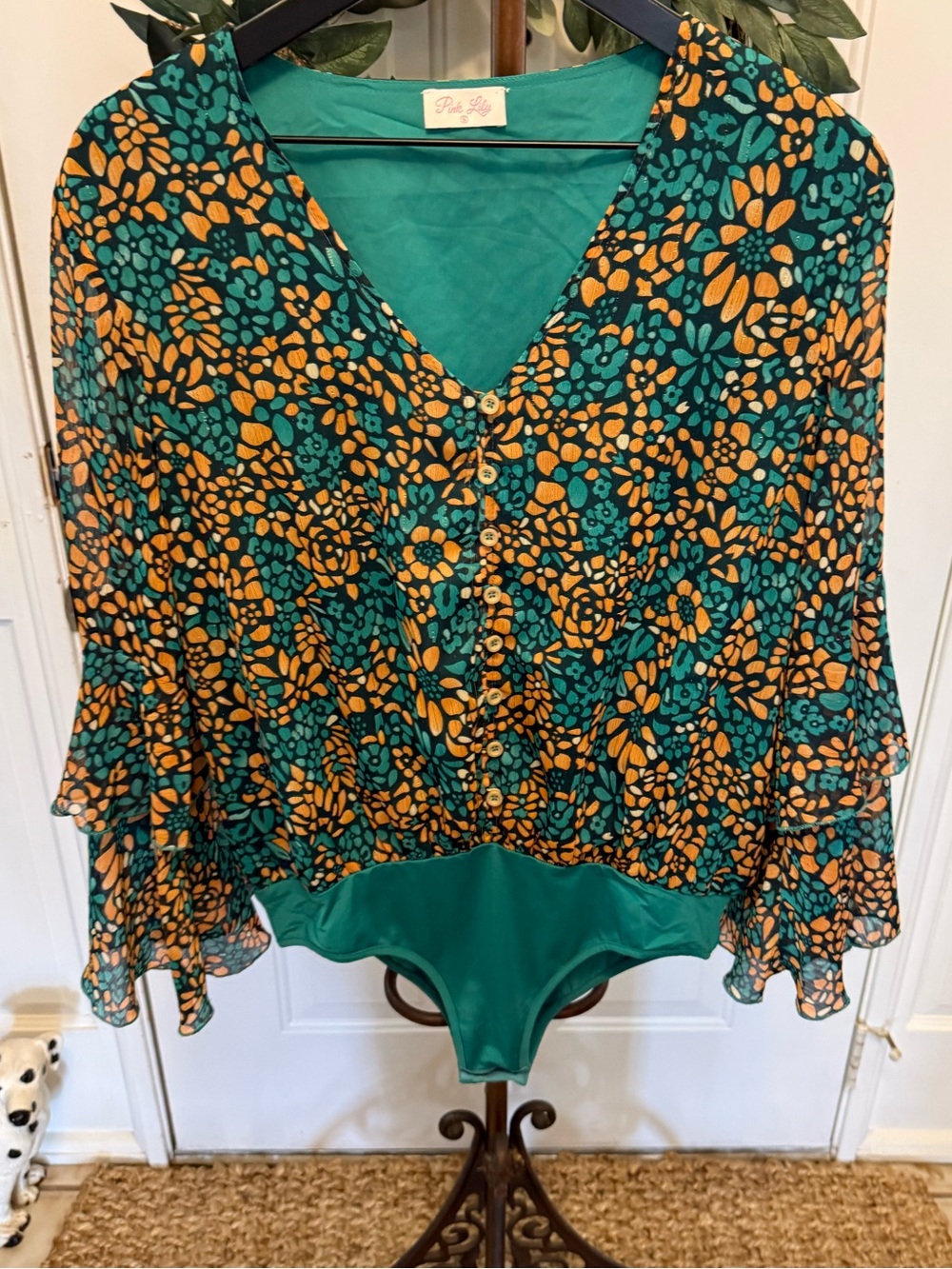 NWOT Pink Lily Retro Abstract Floral Print Flowy Blouse Bodysuit S Oversized